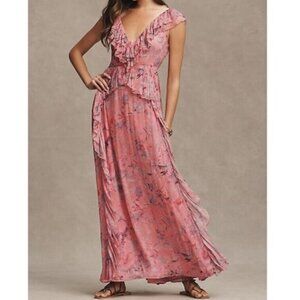 BHLDN Lyla Printed V-Neck Ruffle Gown M NEW Pink Bridesmaid Fairy Anthropologie
